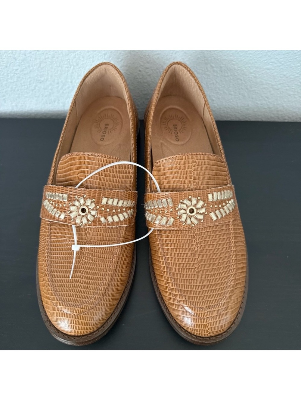 Women's Tan Leather Textured Loafers with Decorative Embellishment